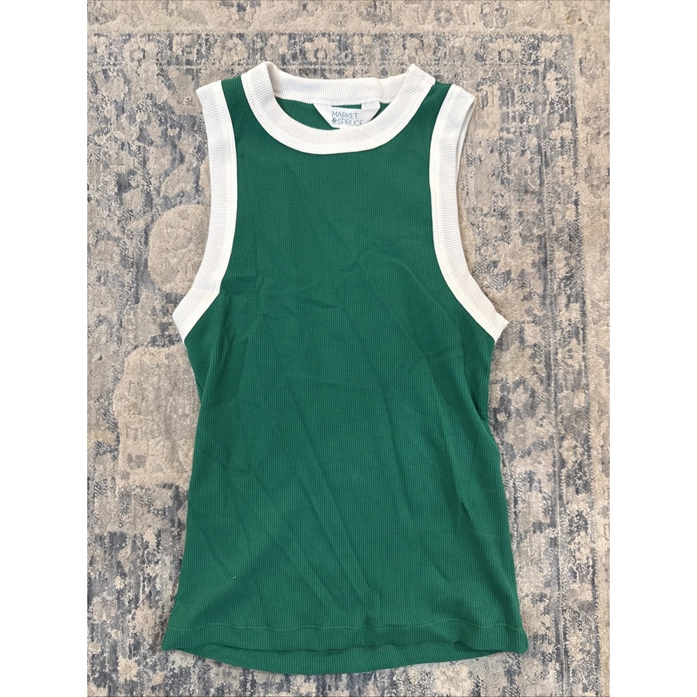 Market & Spruce Women's Molli Ribbed High Neck Tank Green Extra Small NWT